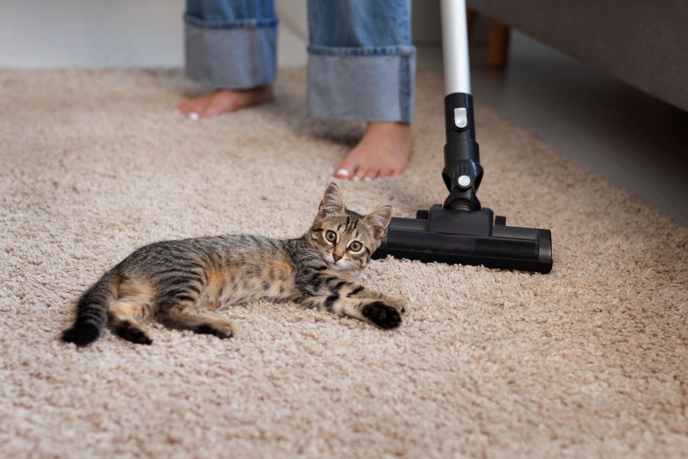 A small tabby kitten lies on a beige rug next to the nozzle of a vacuum cleaner held by someone in blue jeans.