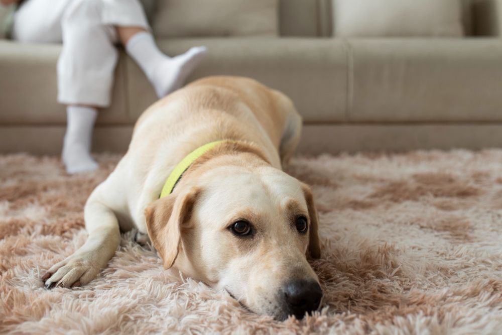 A light-colored Labrador dog with a yellow collar resting on a fluffy rug, with a person sitting on a sofa in the background.