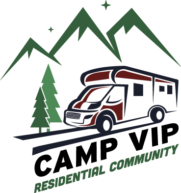 The logo for camp vip residential community shows a rv and mountains.