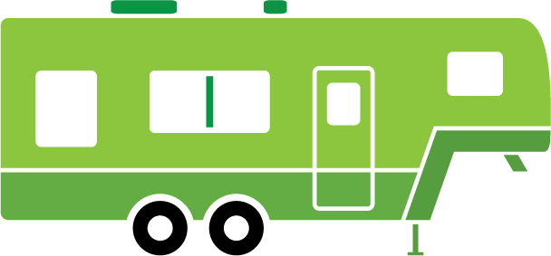 A green rv with two black wheels on a white background.