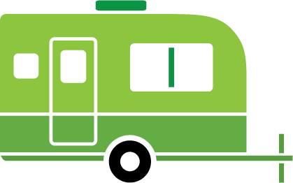 A green camper trailer with a black tire on a white background.