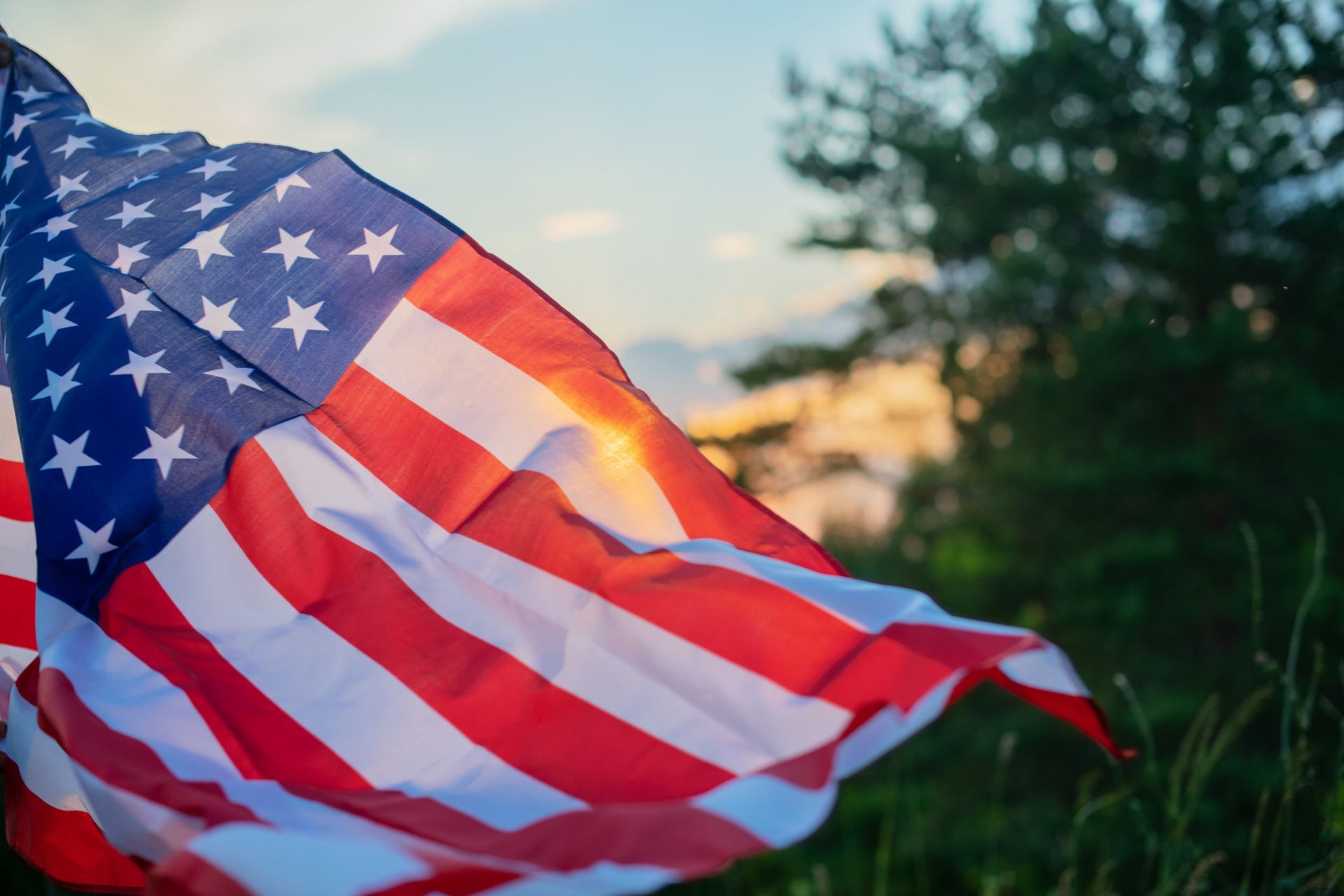 American flag waving in sunlight with trees in the background.