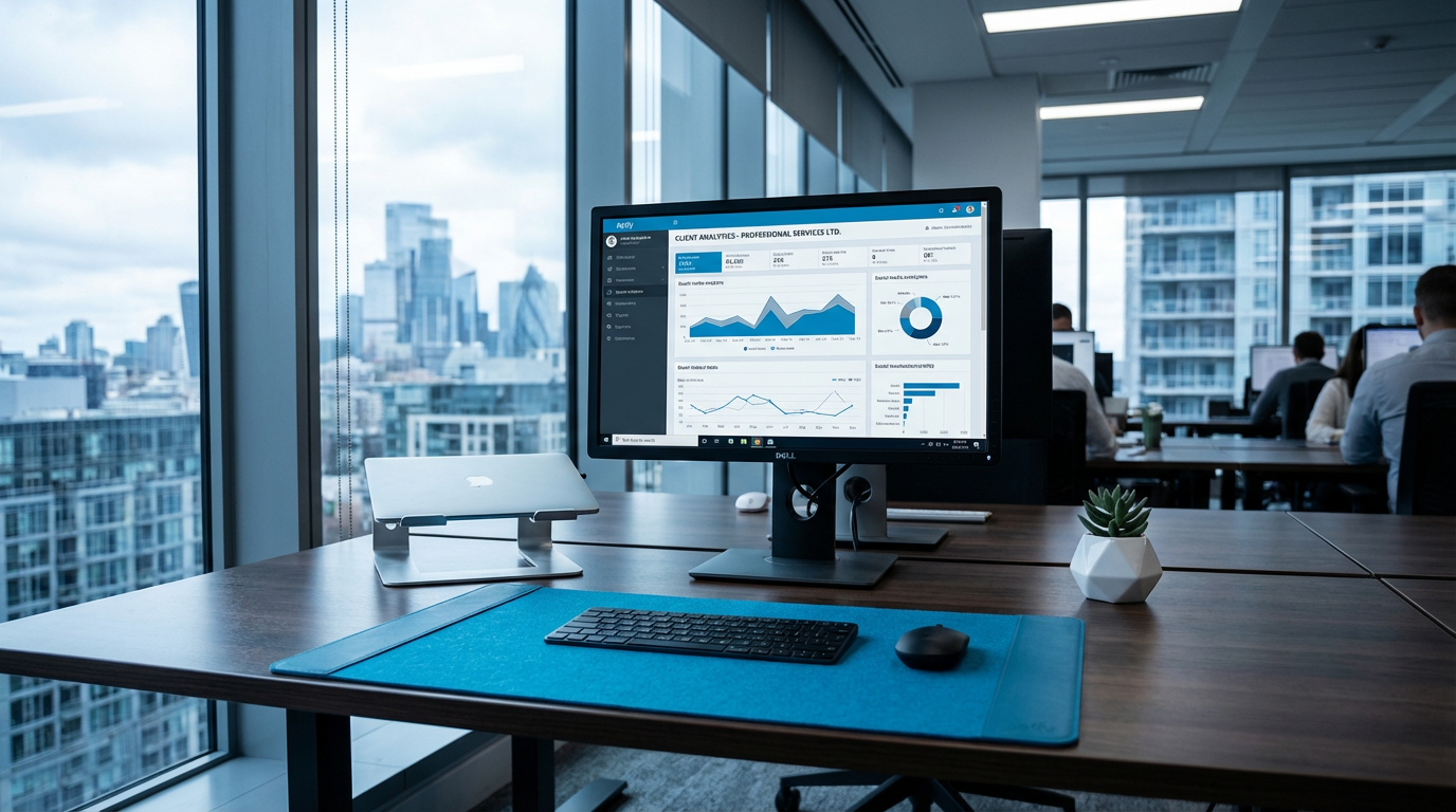 Office desk with computer showing data charts, laptop, and city view through large windows.