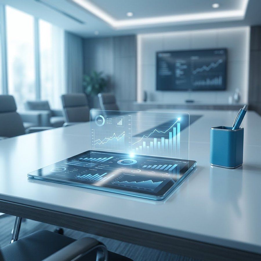 Hand pointing at a desktop monitor showing a business analytics dashboard in a bright office