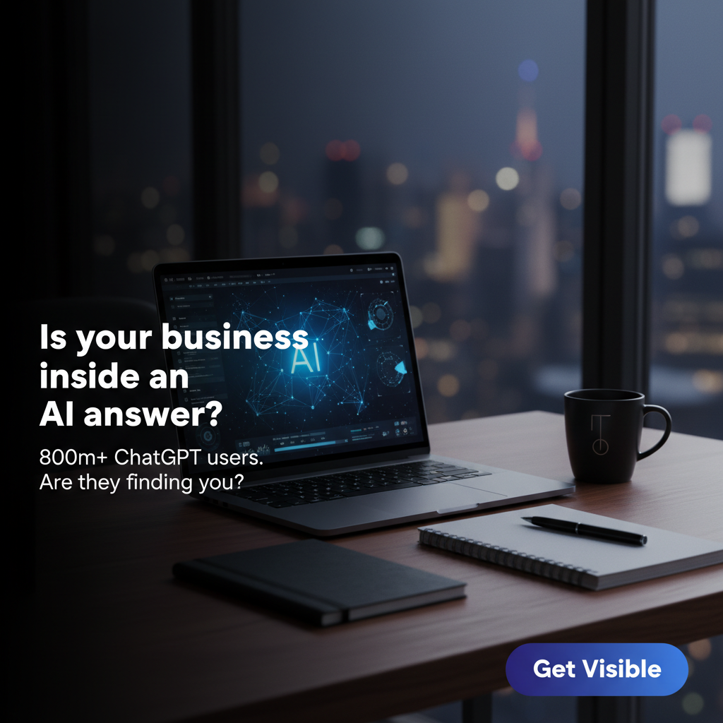 A dark desk with a laptop displaying an AI graphic, a notebook, and a mug, promoting business visibility for AI users.