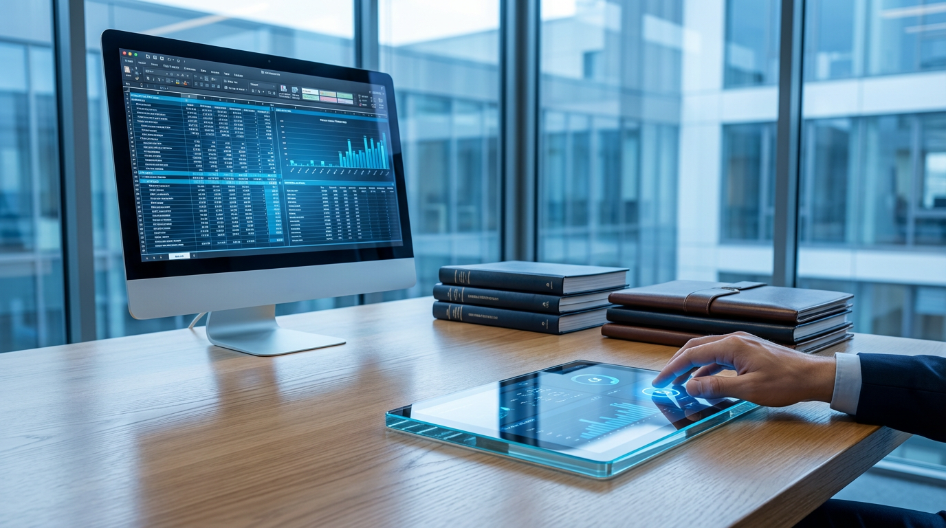 Office desk with computer, tablet, stacked books, and a hand using a mouse