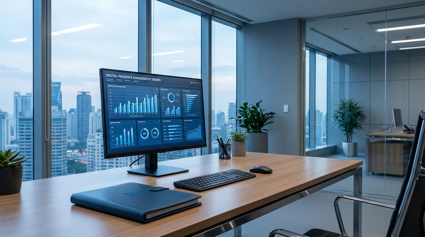 Office desk with computer showing data charts, overlooking a city skyline.