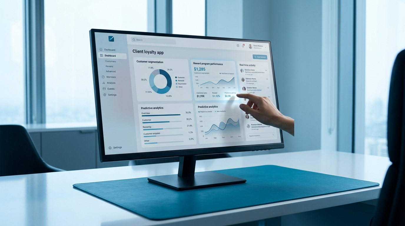 Hand pointing at a desktop monitor showing a business analytics dashboard in a bright office