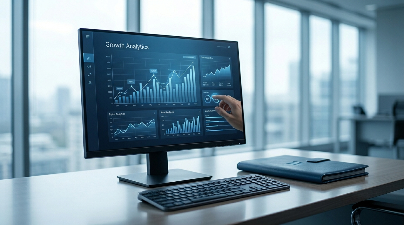 A person's hand touches a monitor displaying financial charts and data analytics in a modern, sunlit office.