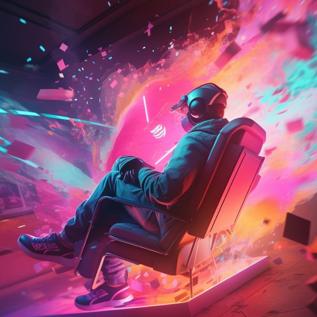 Person in VR headset sits in chair, surrounded by neon pink and blue digital effects.