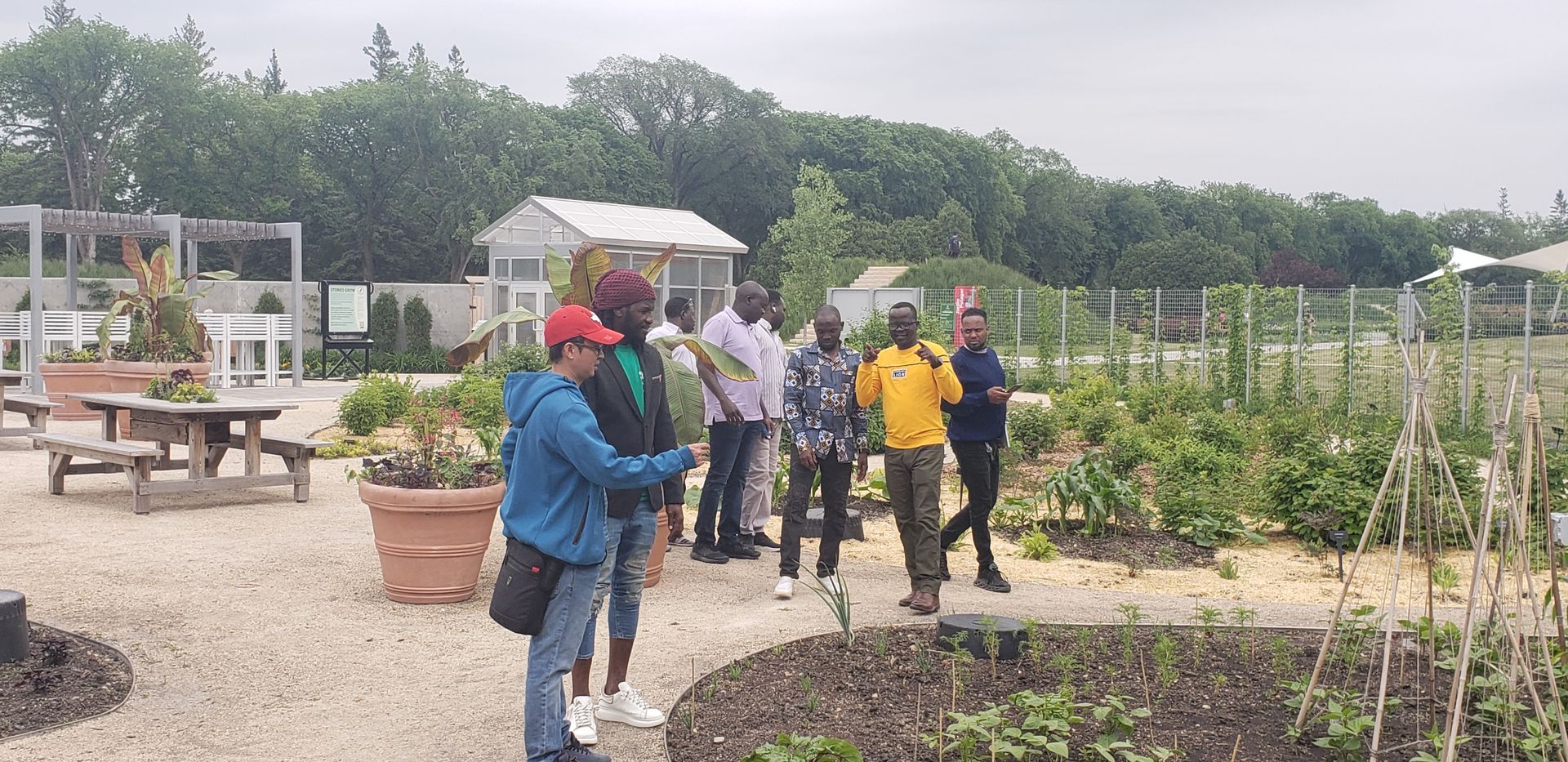 A group of people are standing in a garden looking at plants.