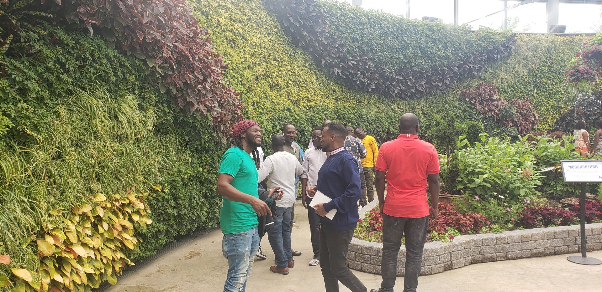A group of people are standing in front of a wall of plants.
