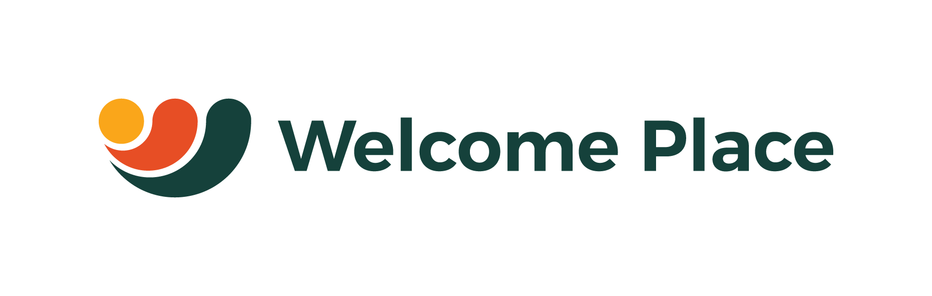 The logo for welcome place is a green and orange logo with a heart.