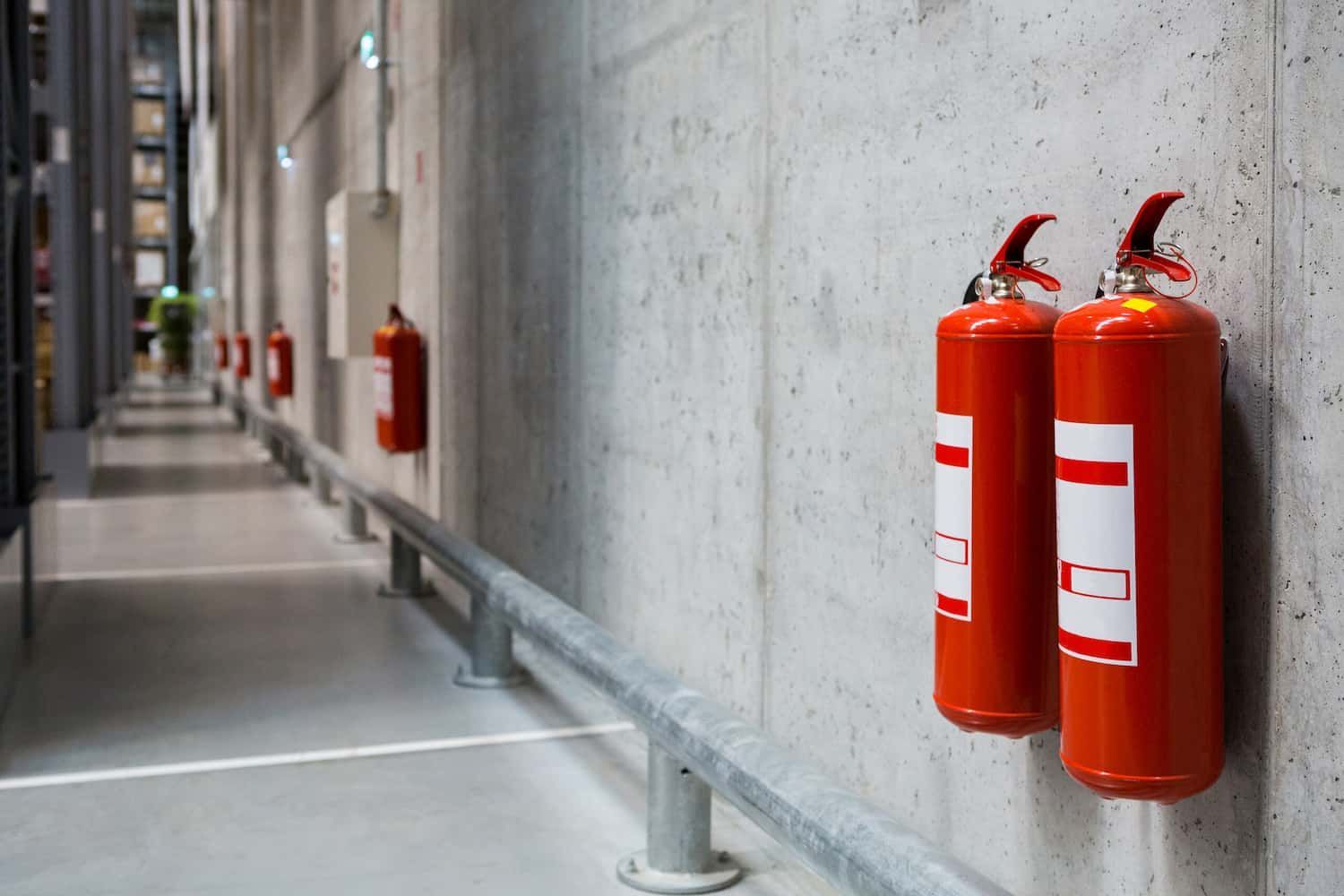 Two Red Fire Extinguishers Are Hanging on a Wall in a Warehouse — East-West Fire Services In Cloncurry, QLD