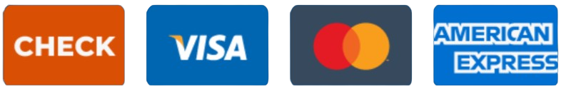 Payment options: Check, Visa, Mastercard, and American Express logos.
