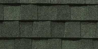 Dark green asphalt roof shingles.