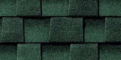 Close-up of overlapping, textured dark green shingles.