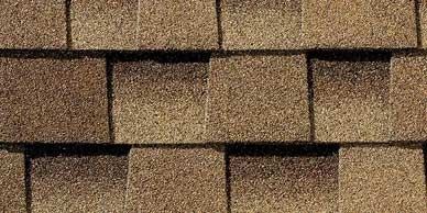 Close-up of a brown asphalt shingle roof with a granular texture.