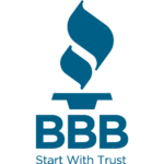 Blue Better Business Bureau logo: torch above "BBB Start With Trust" text.