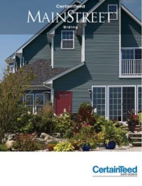 Cover of CertainTeed Mainstreet siding brochure, showing a two-story house with blue siding and red door.