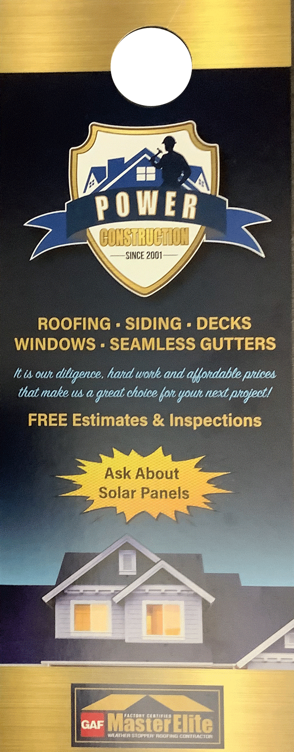 Door hanger advertising roofing, siding, decks, windows, and gutters. Offers free estimates and solar panel information.