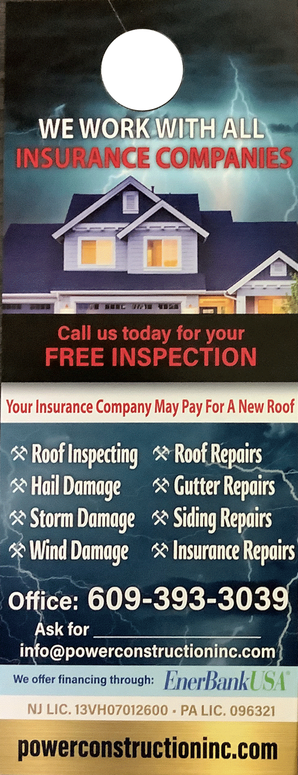 Door hanger ad for Power Construction, offering free roof inspections. Features house image, contact info, and services.