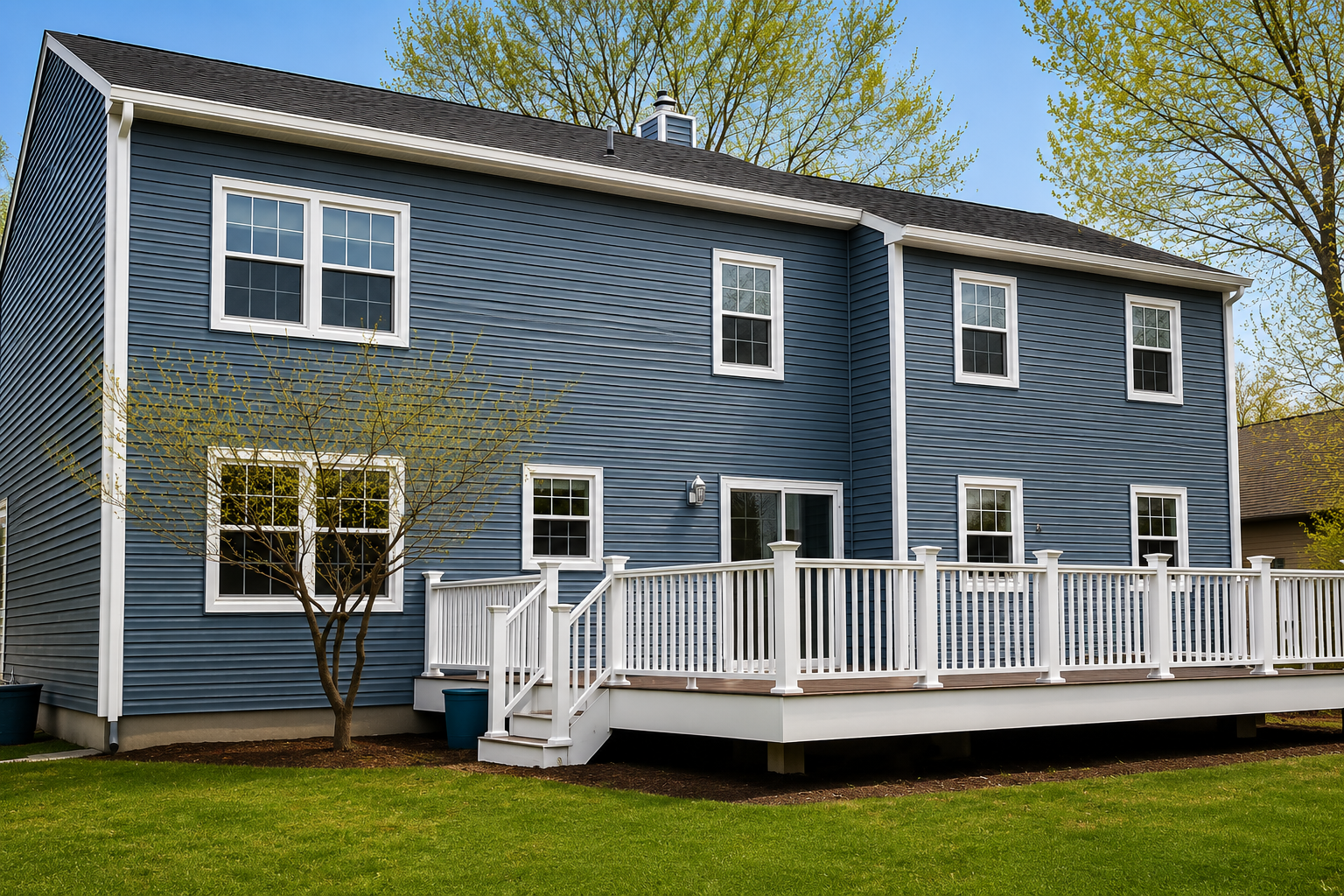 Blue two-story house with white trim and a white deck in a grassy yard under a blue sky