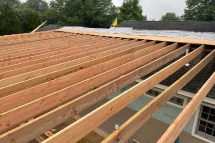 Wooden roof rafters exposed during construction.