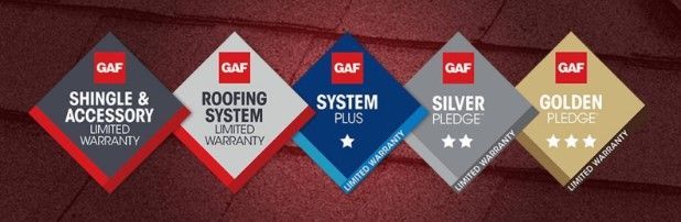 GAF warranty badges: Shingle & Accessory, Roofing System, System Plus, Silver Pledge, Golden Pledge.