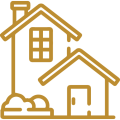 Two houses, one with a window and chimney, golden outline.