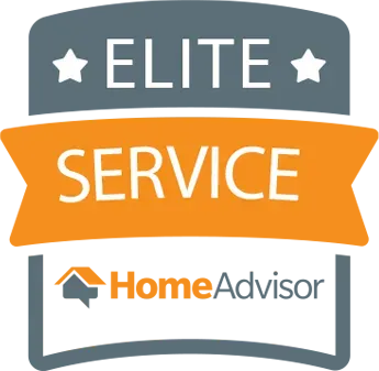 HomeAdvisor Elite Service badge with gray, orange, and white design. Features stars and HomeAdvisor logo.