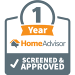 HomeAdvisor "Screened & Approved" badge: 1-year guarantee. Gray, white, and orange with checkmark.