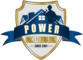 Logo of Power Construction: Shield with a blue ribbon, silhouette of a worker, and house outline. Gold and white colors.