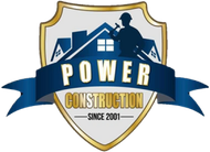 Shield logo for Power Construction with a silhouette of a worker and houses.