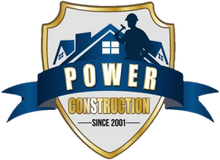 Shield logo for Power Construction with a silhouette of a worker and houses.