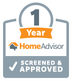 HomeAdvisor screened and approved badge. Orange and grey with "1 Year" and "SCREENED & APPROVED".