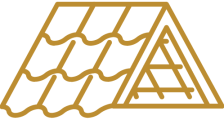 Gold-colored line art of a roof with shingles and an exposed internal structure.