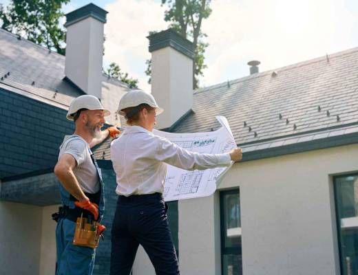 Two people in hard hats look at blueprints outside a house.