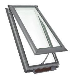 Opened gray skylight with a rectangular glass pane in a modern setting.
