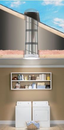 A laundry room with a light tube from the roof bringing in natural light.