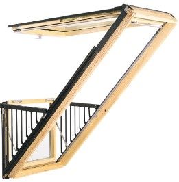Open wooden balcony window with black railing.