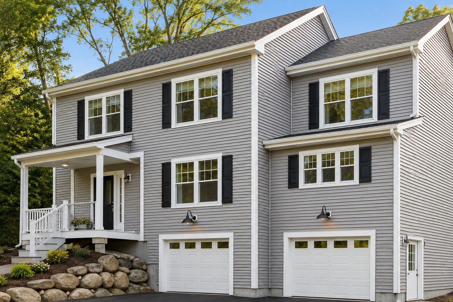 Gray two-story house with white trim, front porch, stone retaining wall, and two garage doors