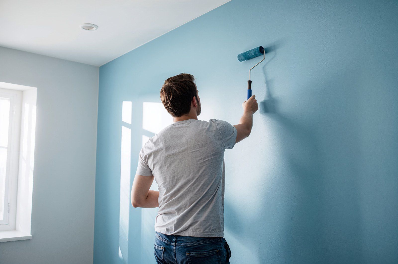 Person paints a blue wall with a roller in a room with a window.