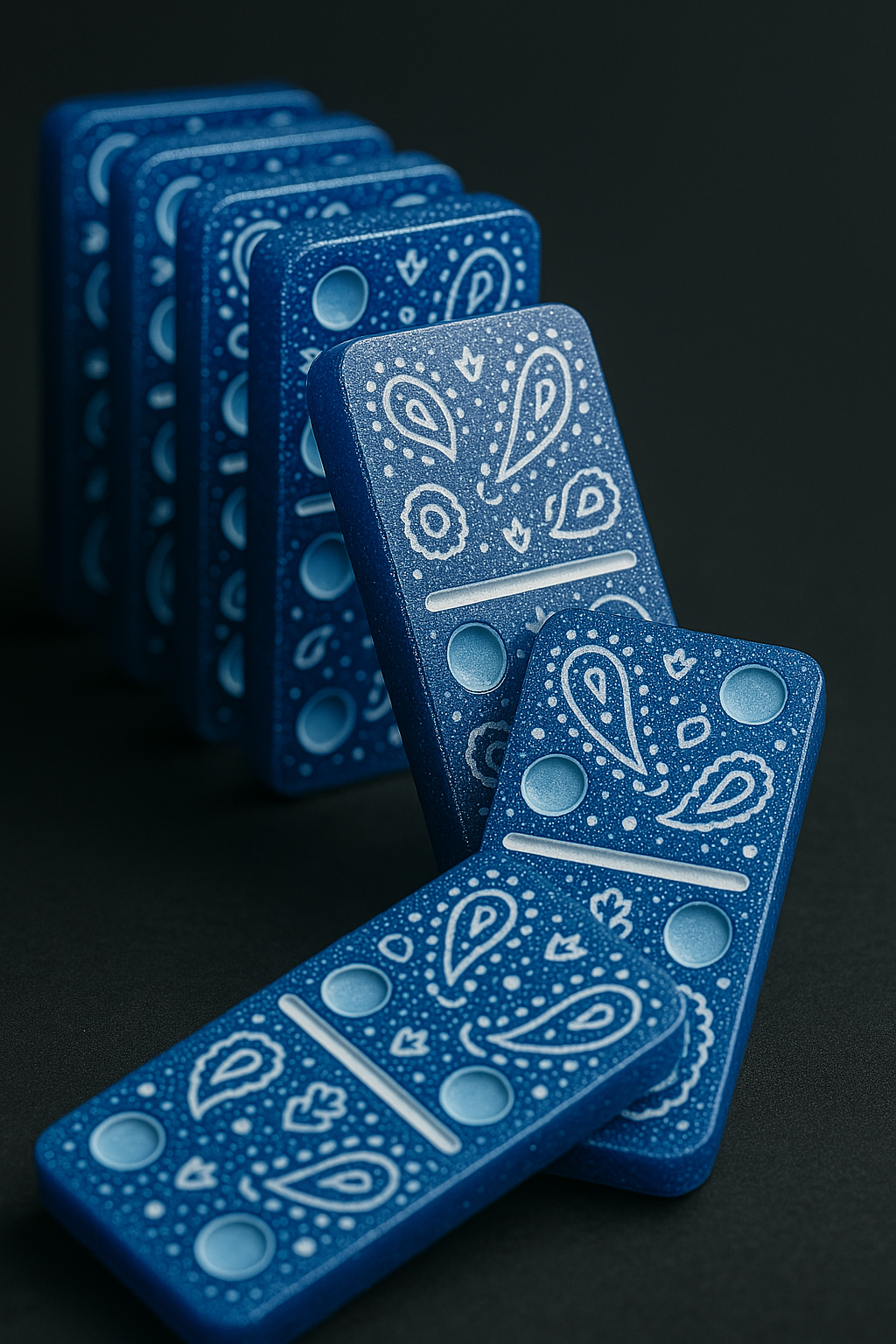 A row of blue dominoes with paisley designs on them