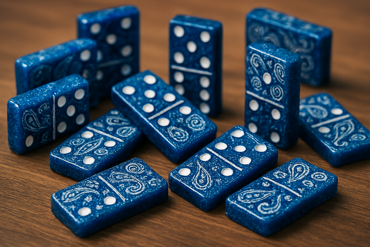 A row of blue dominoes with paisley designs on them