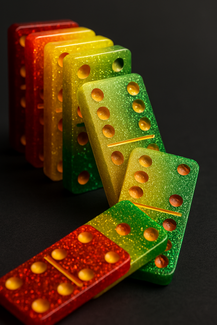 A row of colorful dominoes are stacked on top of each other on a black surface.