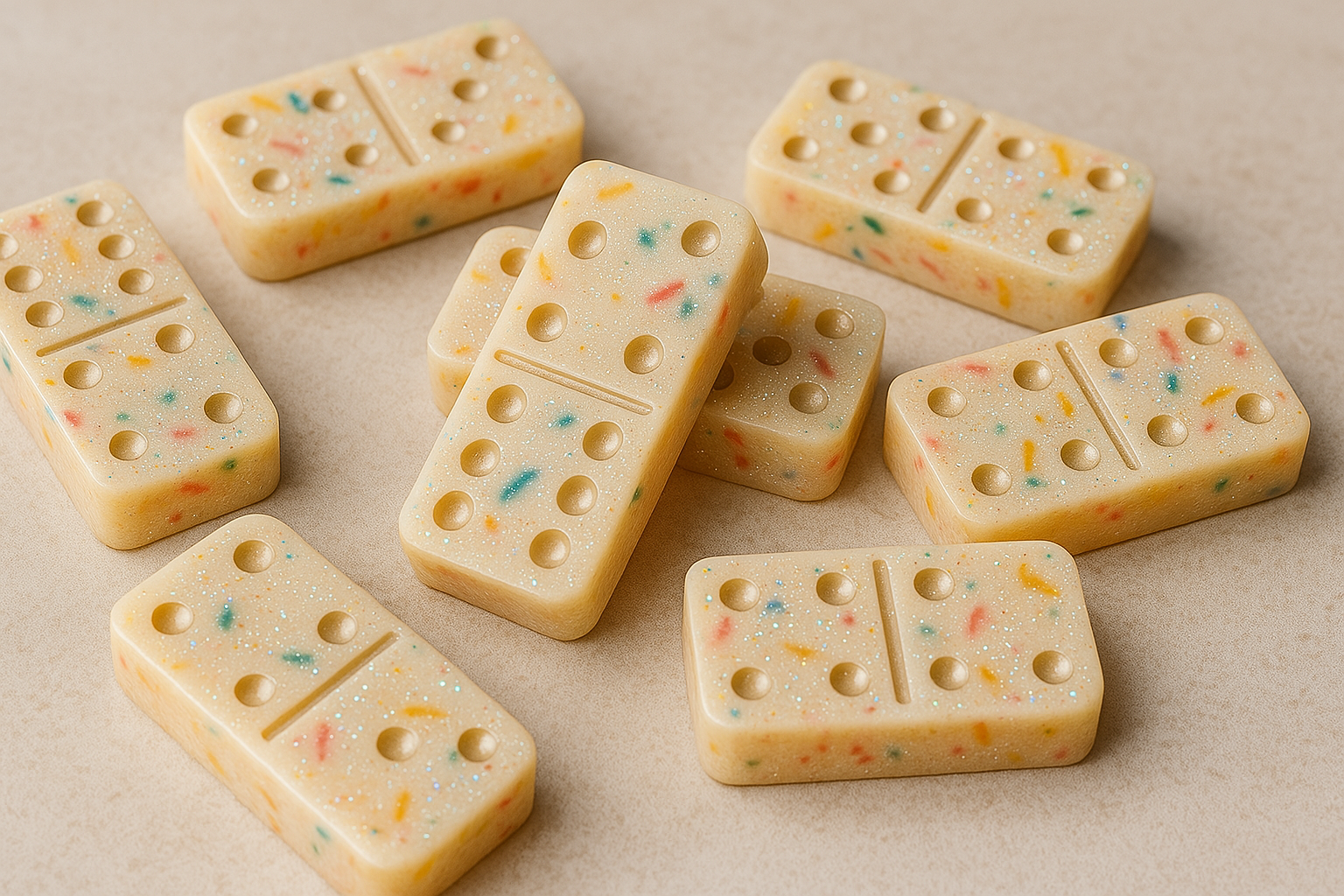 A group of cake batter dominoes with sprinkles on them are sitting on a table.
