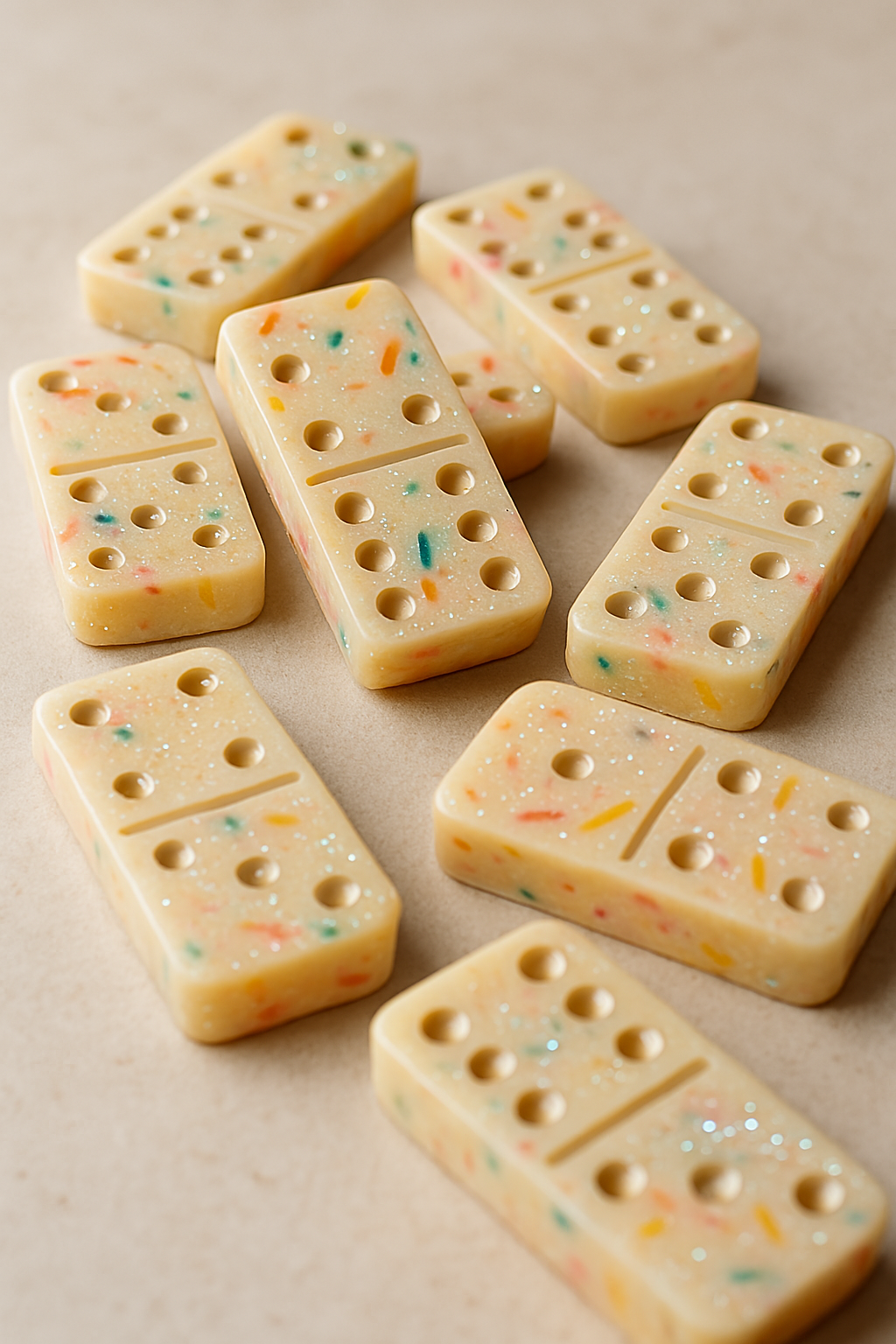 A group of cake batter dominoes with sprinkles on them are sitting on a table.