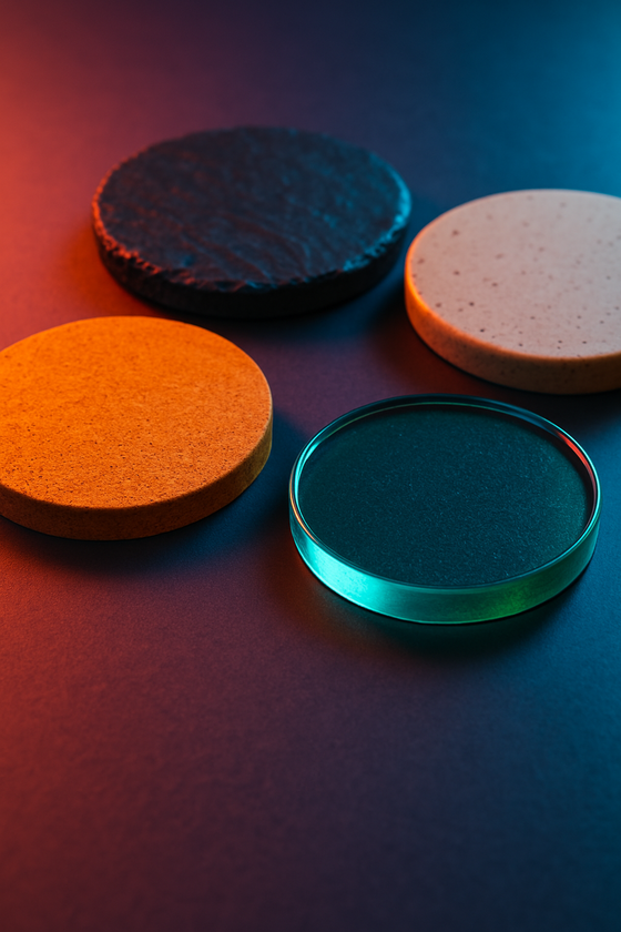 Four different coasters of varying materials sitting on a table.