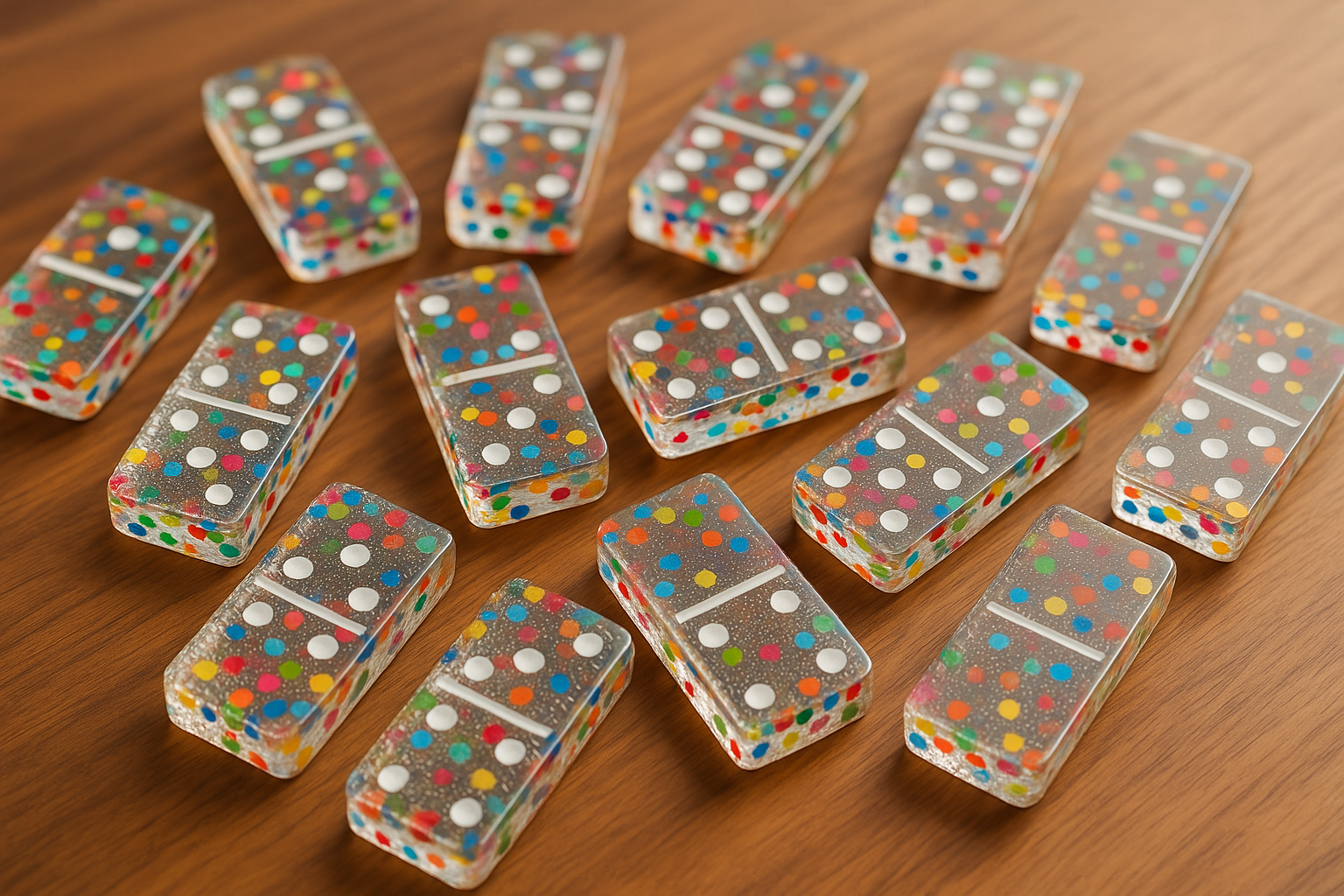 A bunch of dominoes are sitting on a wooden table.